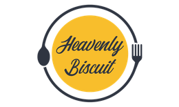 The logo for heavenly biscuits is a yellow circle with a fork and spoon in it.