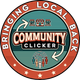 Logo: Community Clicker, bringing local back. Shops and people with circular arrow.