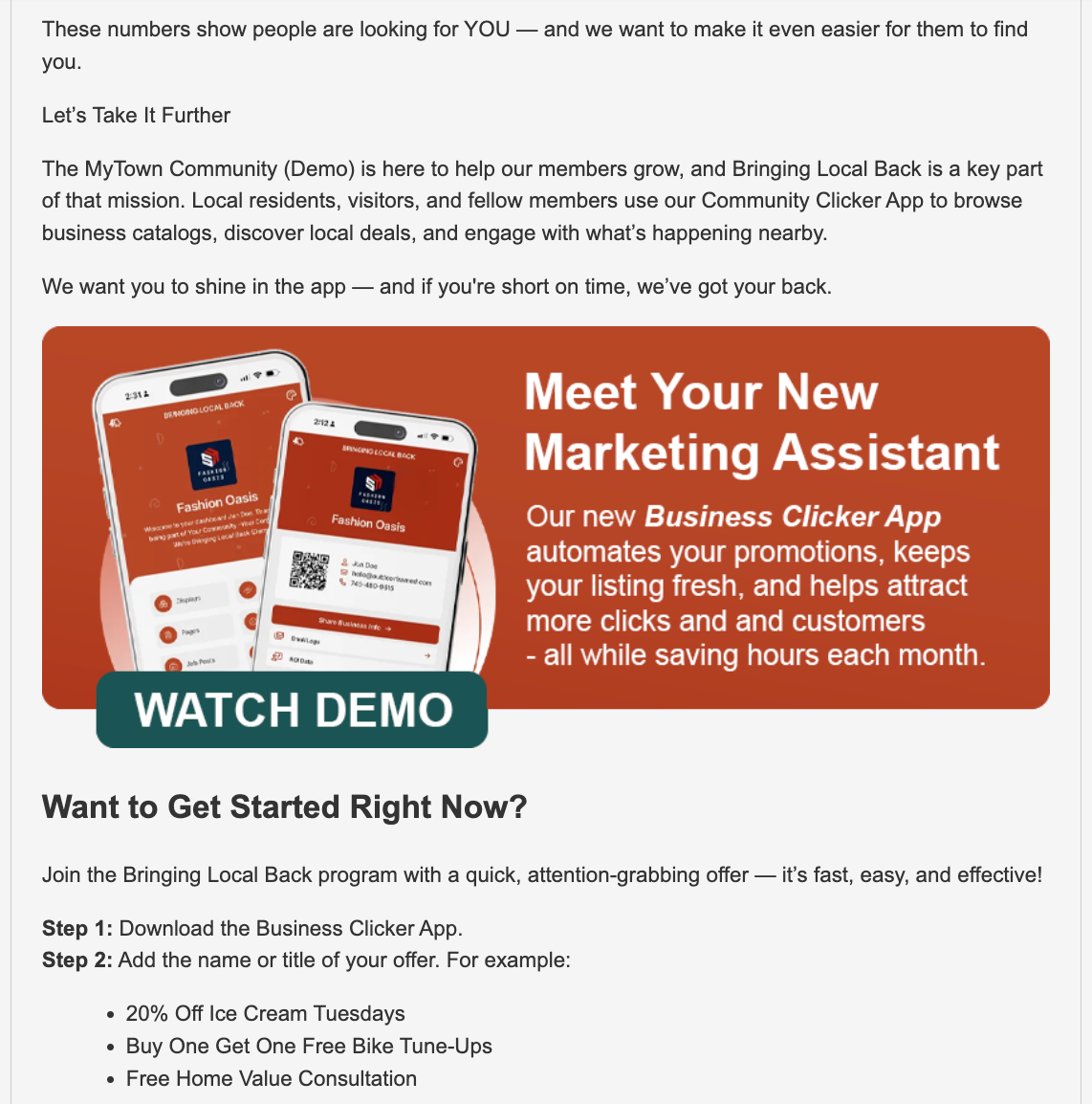 Advertisement for a marketing app. Two phones displayed, text promoting features and a