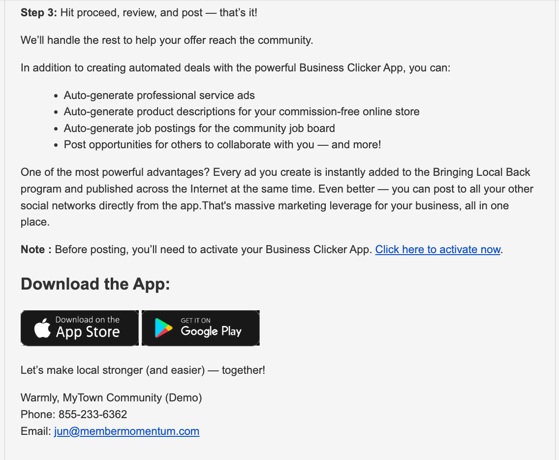 Screenshot of instructions to download the Business Clicker App. Contains text, download links, and app information.