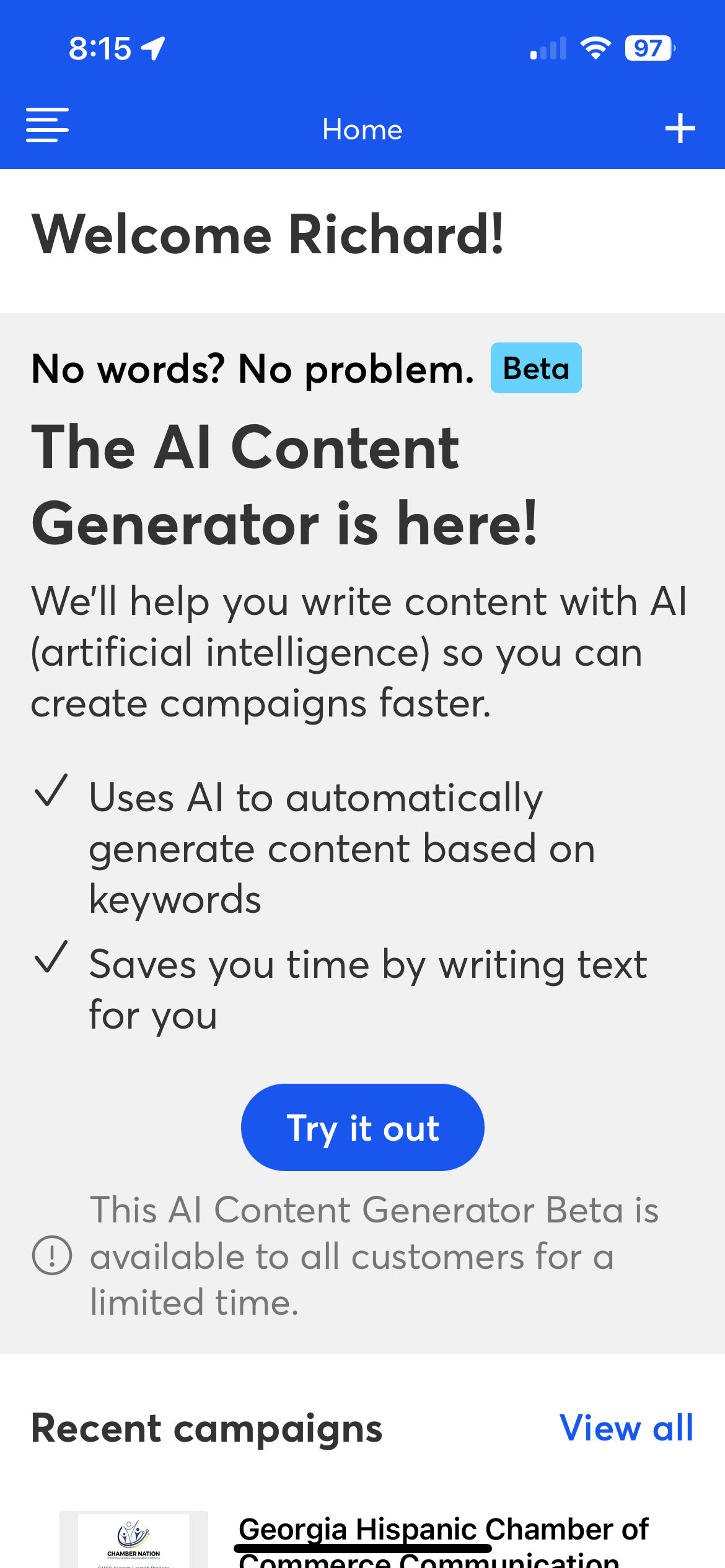 A screenshot of a website that says the al content generator is here.