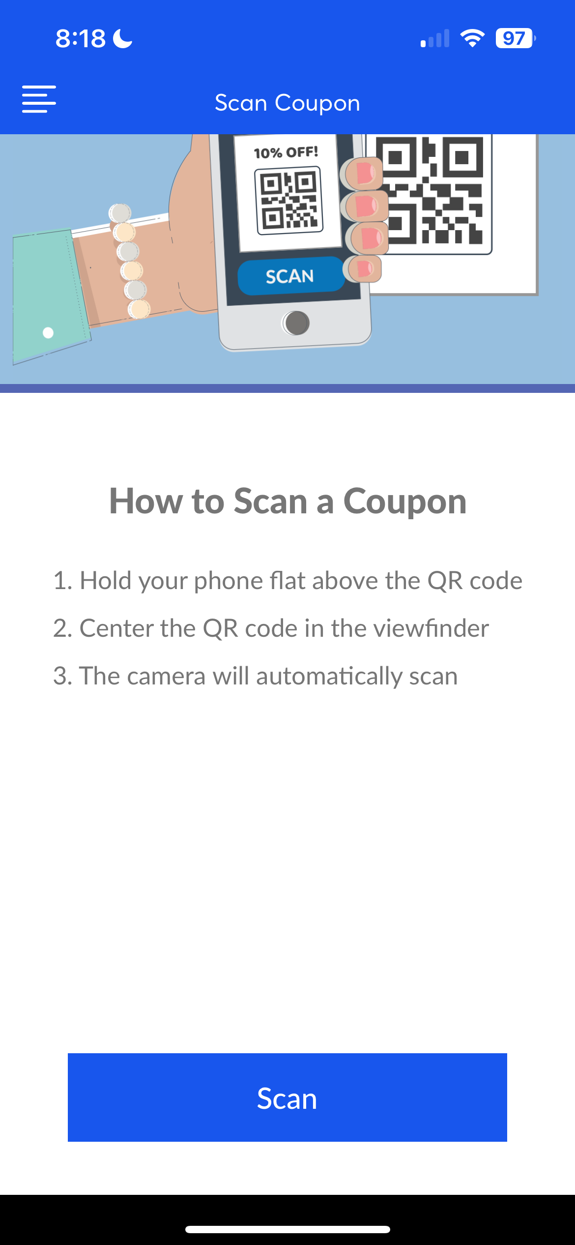 A screenshot of how to scan a coupon on a cell phone.