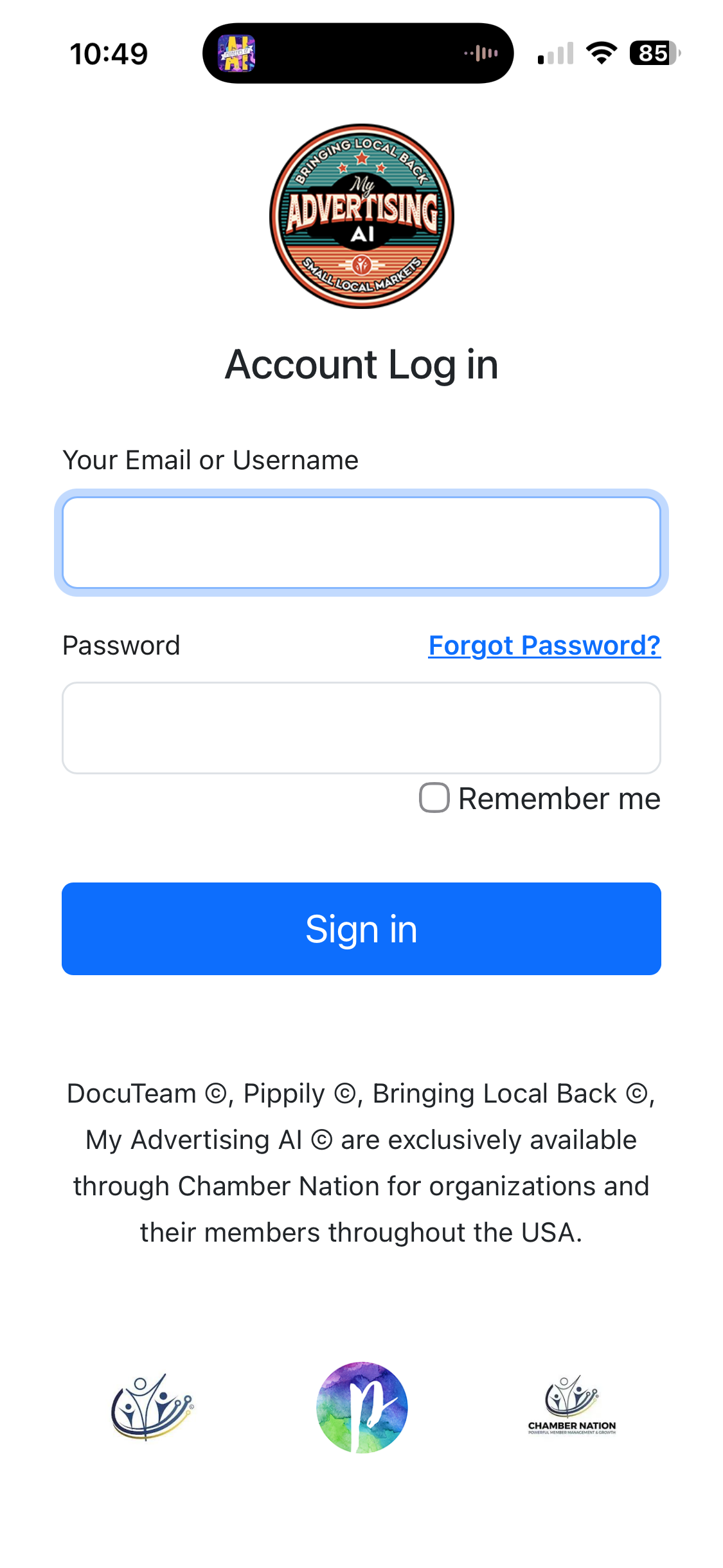 Account Login screen with a logo at the top. Fields for email/username and password. Sign in button.