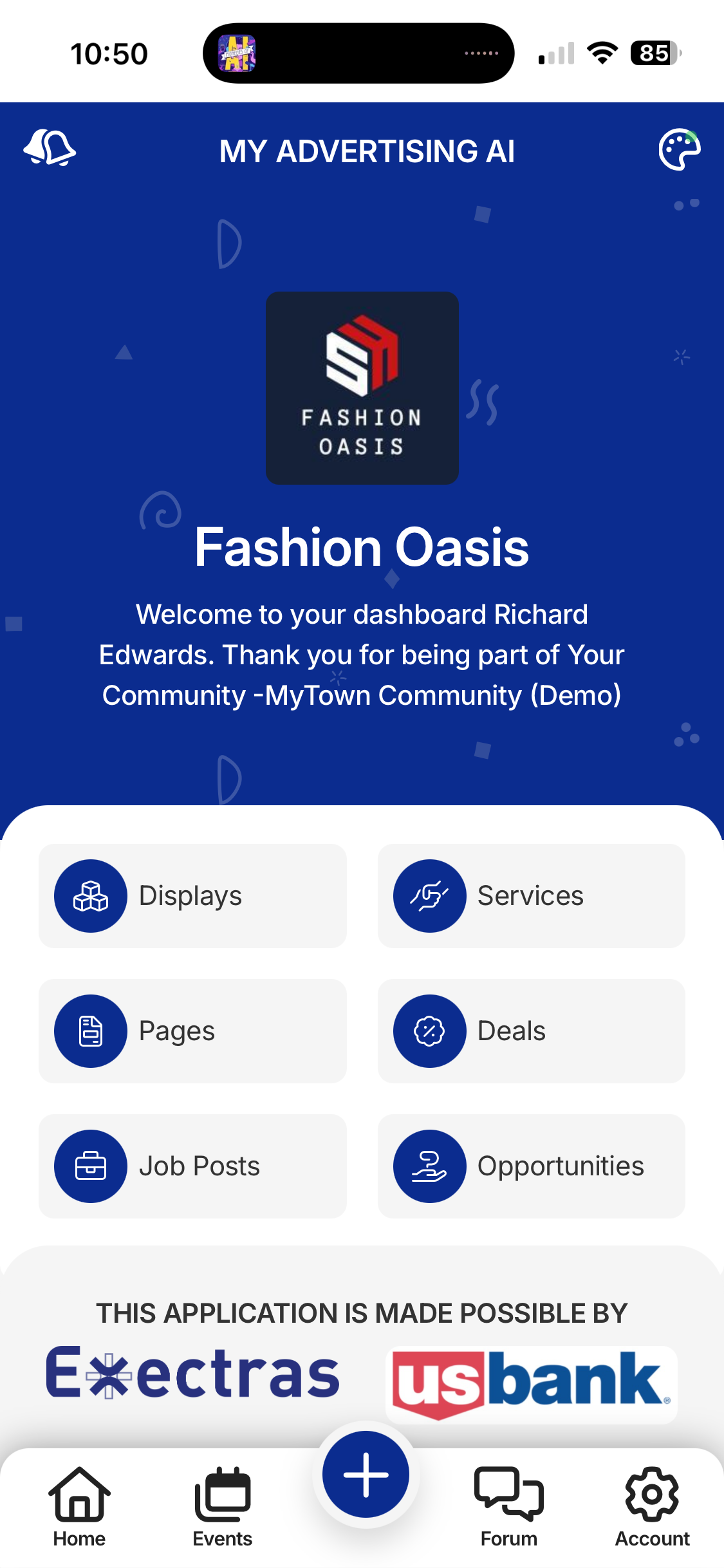 Mobile app interface with a Fashion Oasis logo, options, and a bottom navigation bar. Blue and white colors dominate.