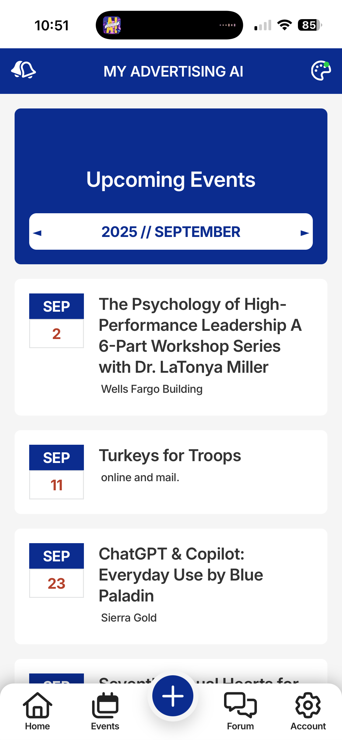 Mobile app screen displaying upcoming events: Psychology of High Performance leadership, Turns for Troops, and ChatGPT.
