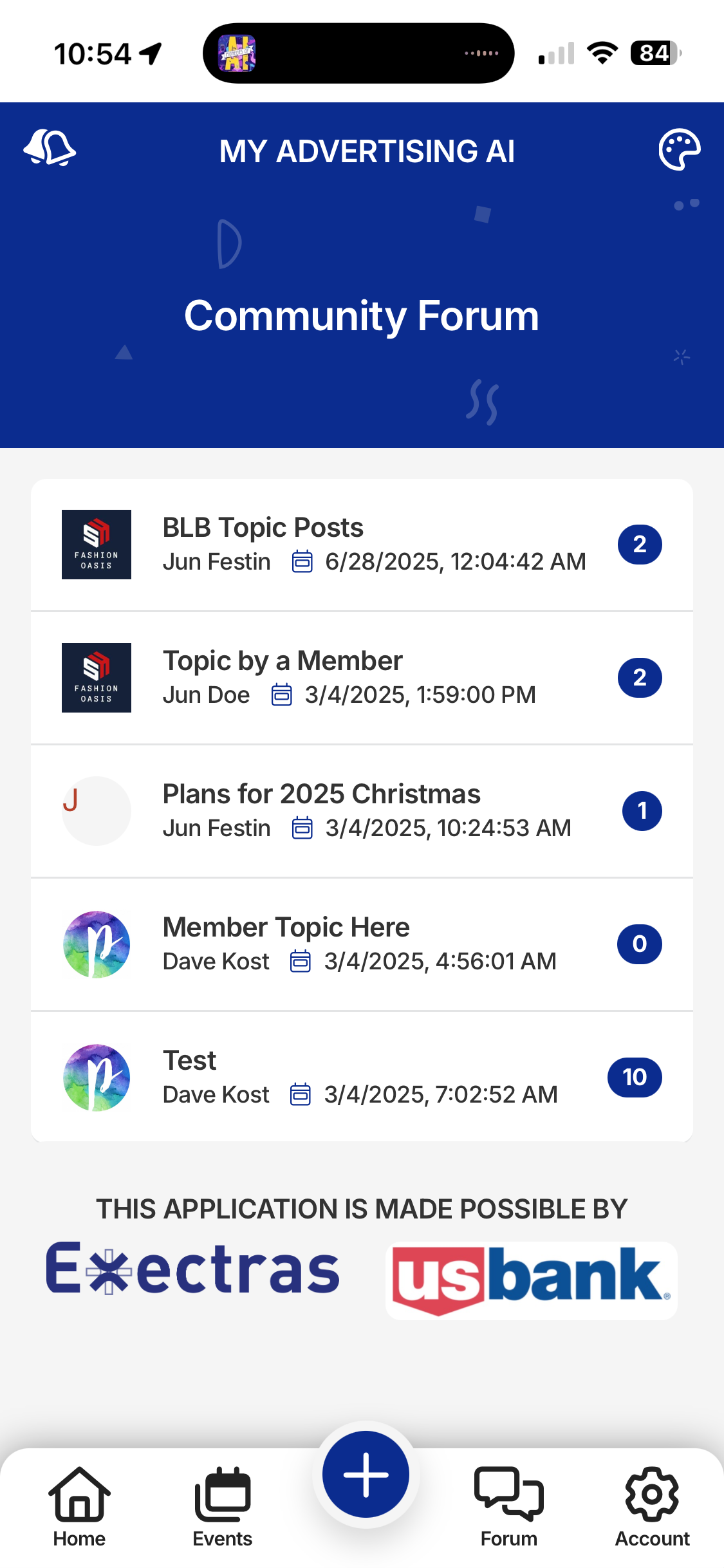 Mobile app interface showing a community forum and navigation icons, branded by Exectras and US Bank.