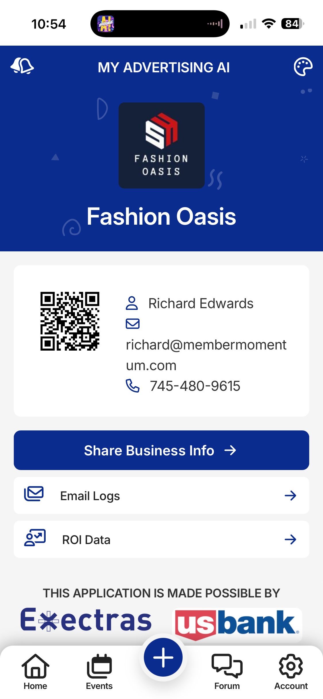 Mobile app screen for Fashion Oasis business profile; shows contact info, QR code, and options to share, edit.