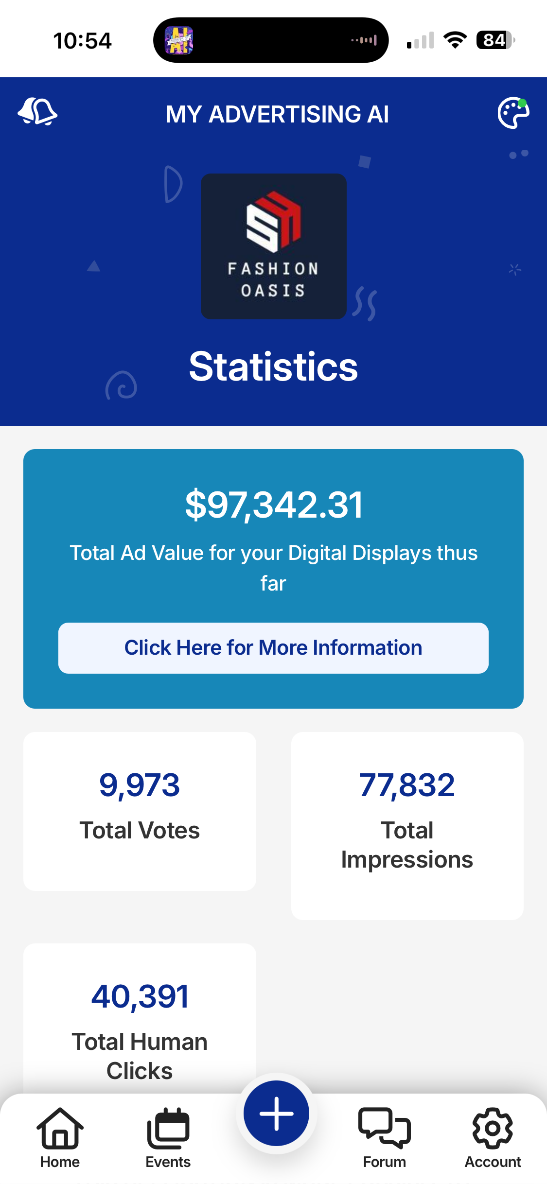 Mobile app screen showing advertising statistics, blue and white color scheme, with figures and icons.