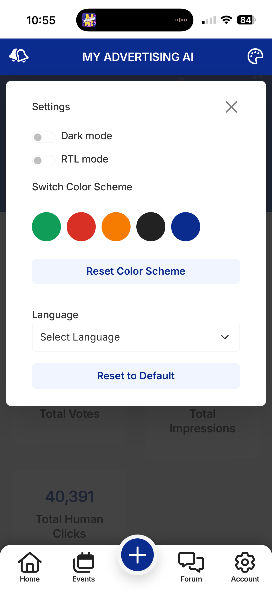Mobile app settings menu with color theme options: green, red, orange, black, and blue.