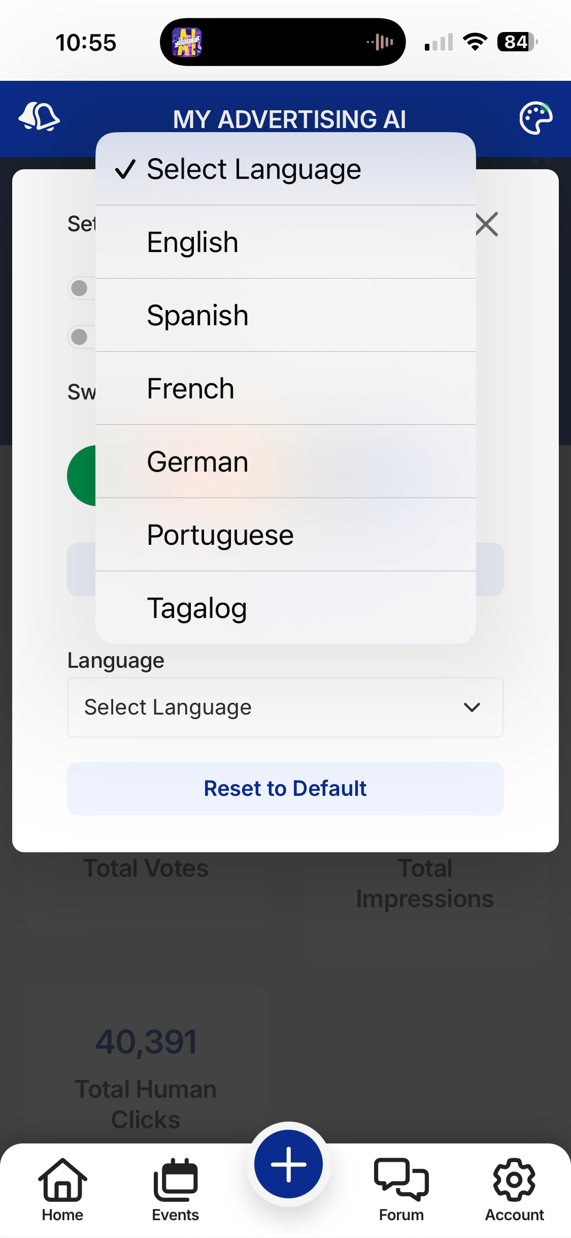 App interface showing language selection menu, with English, Spanish, French, German, Portuguese, Tagalog options.