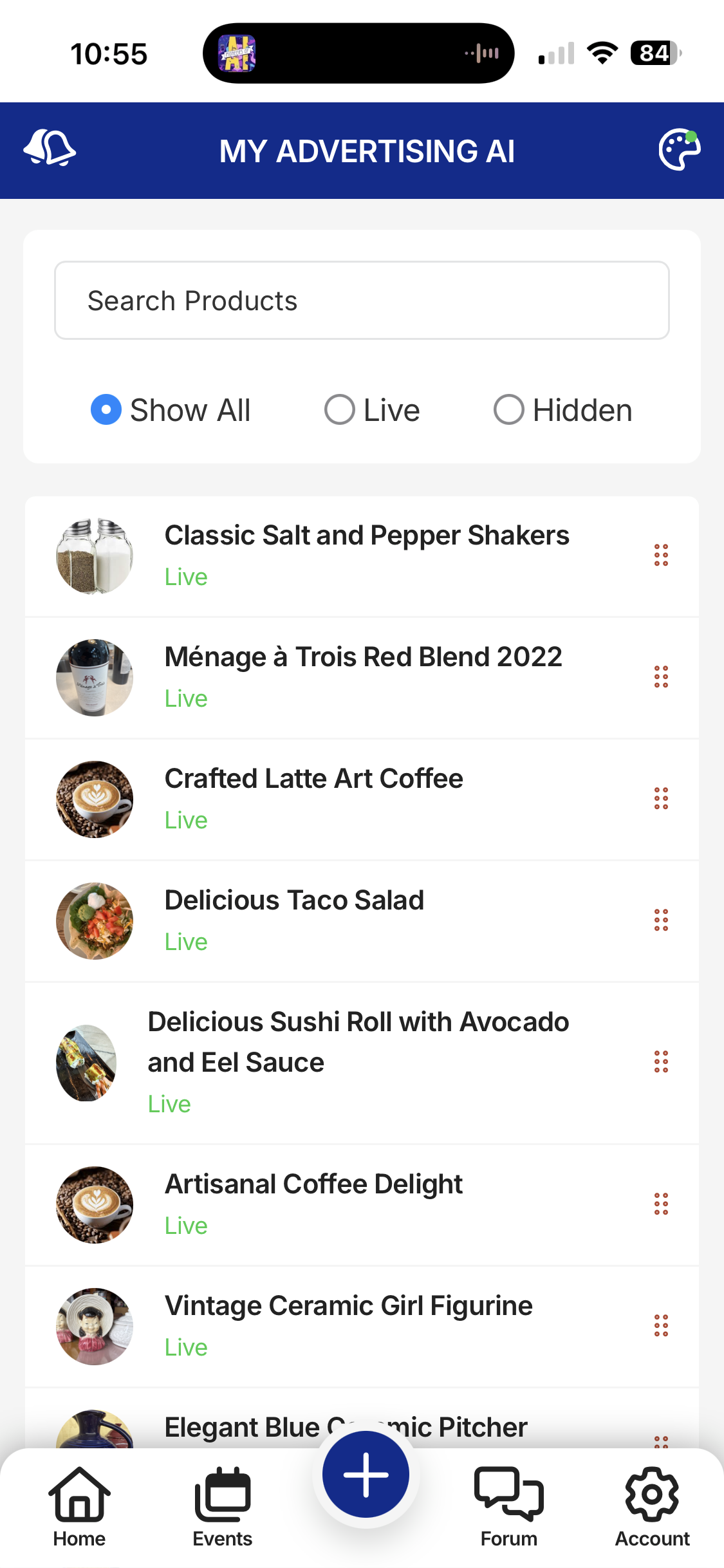 Mobile app interface, lists product ideas. Blue header, white background.