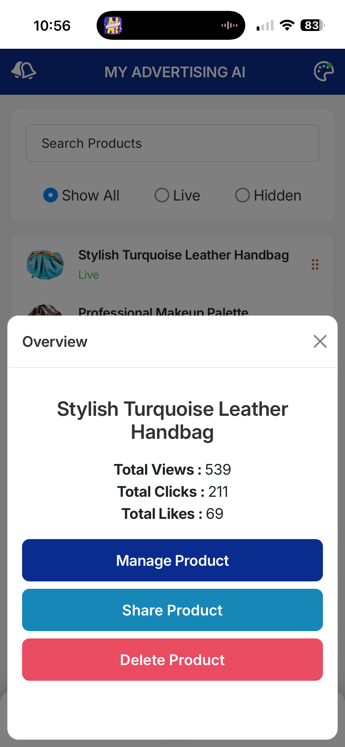 A mobile screen shows details of a handbag ad: views, clicks, likes, and options to manage, share, or delete.