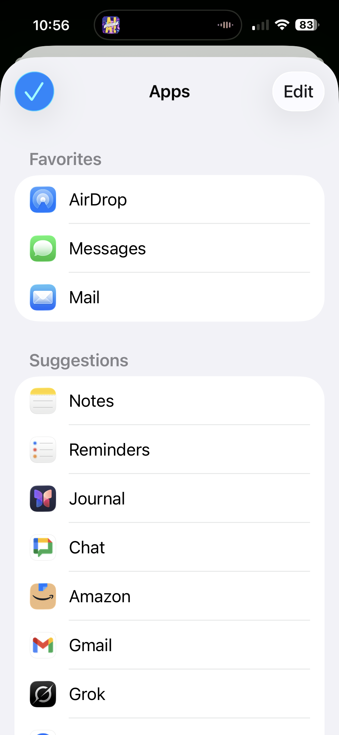 Screenshot showing app selection with favorites and suggestions on a mobile device.