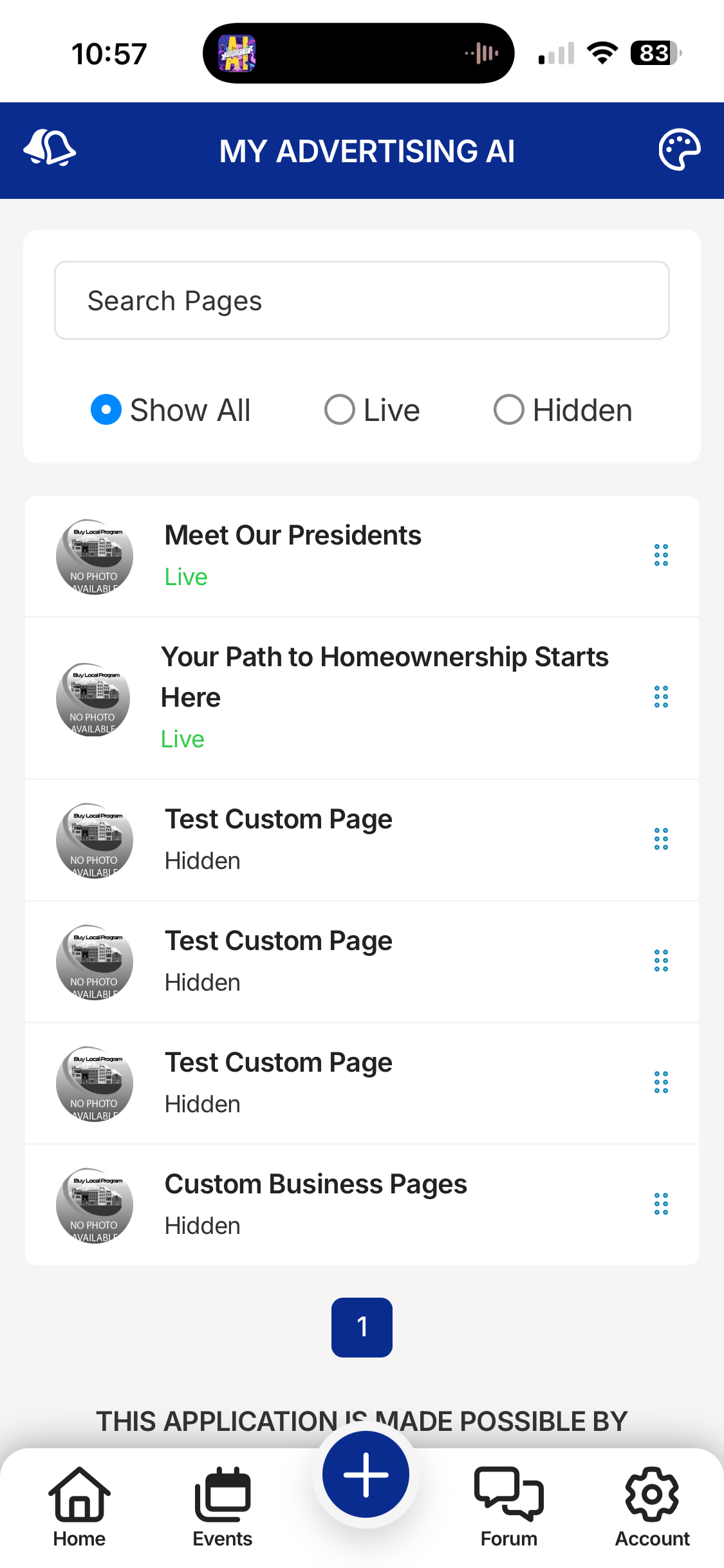 Mobile app interface showing a list of advertising-related items and navigation buttons.