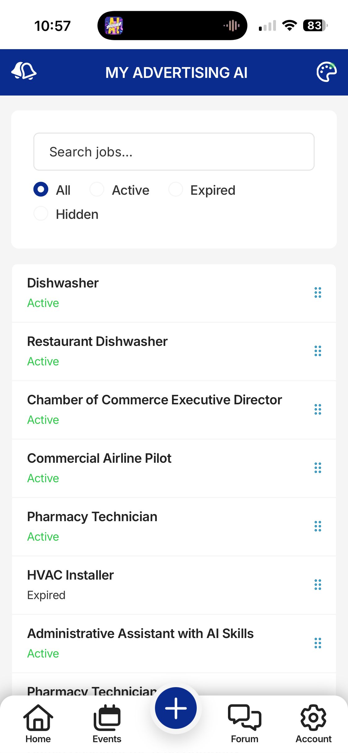 Mobile app screen: list of job postings, with a blue plus button at the bottom.