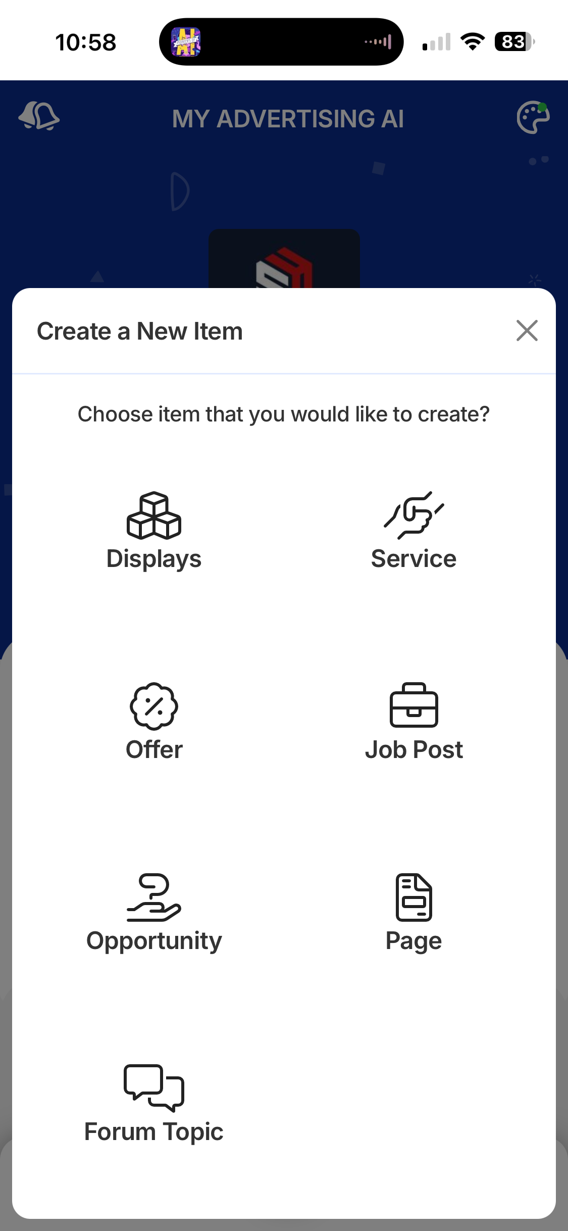 App screen with options for creating new items: Blogs, Service, Offer, Job Post, Opportunity, Page, and Forum Topic.
