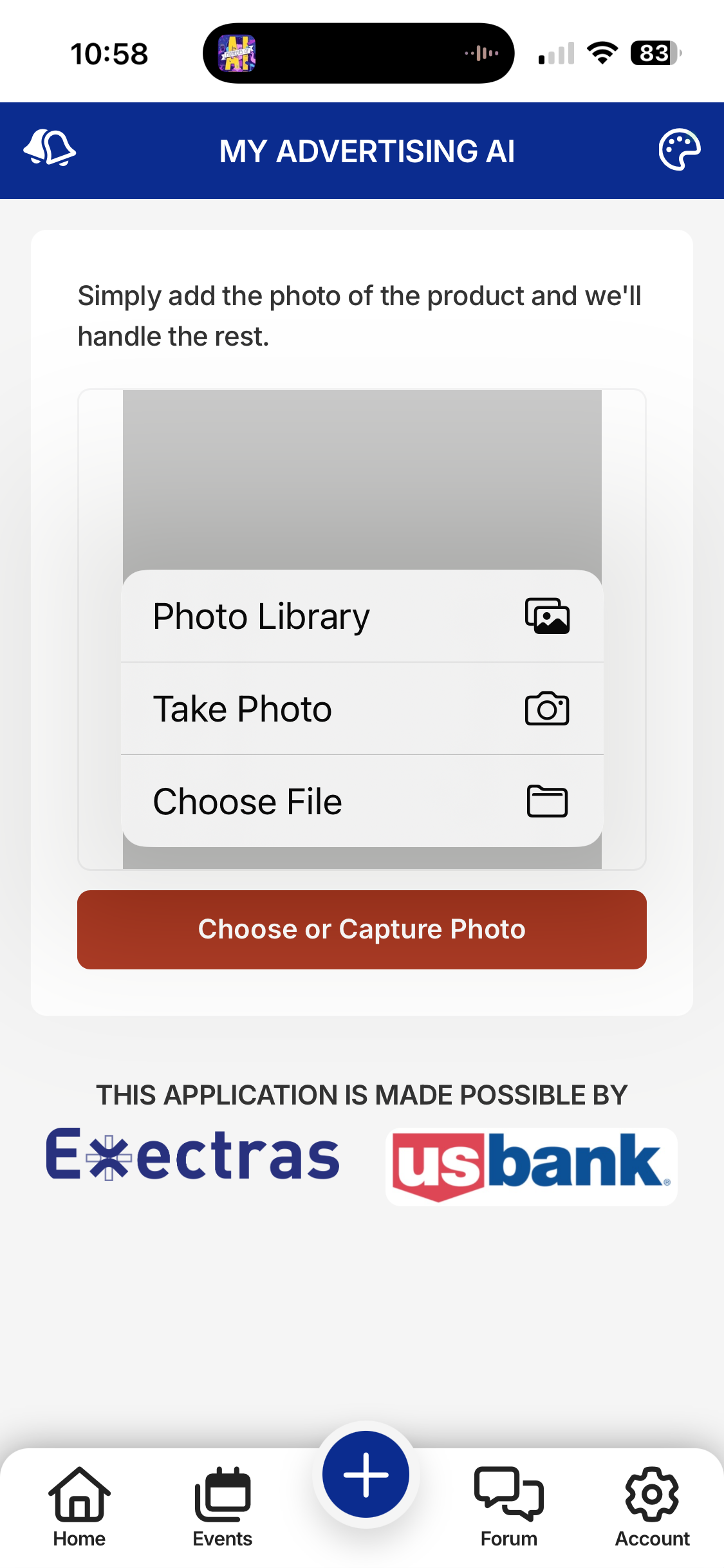 Mobile app with options to add a photo: photo library, take photo, and choose file.