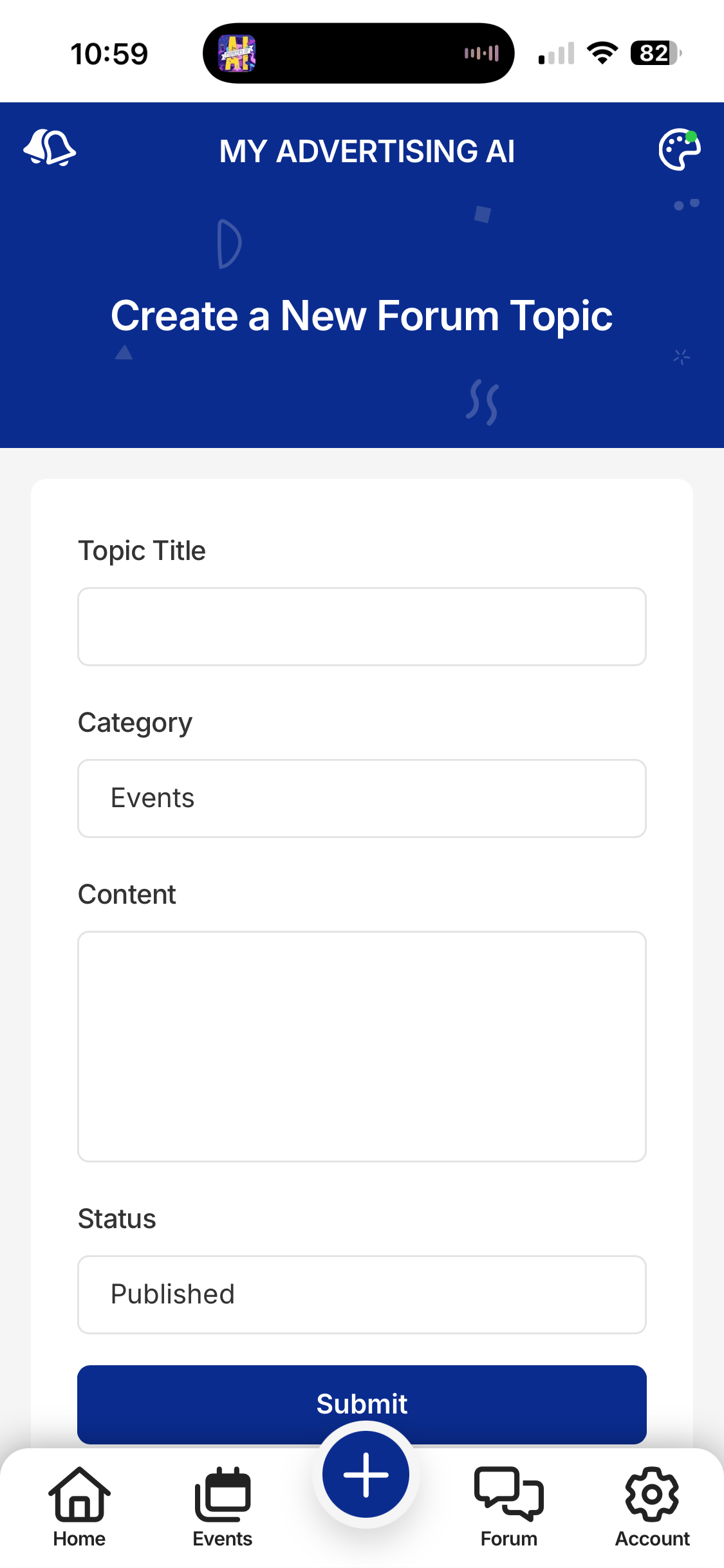 Mobile app screen for creating a new forum topic, with input fields and a blue