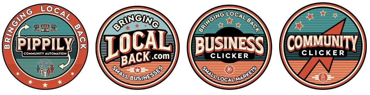 Four circular badges with text: Pippily, Local Back, Business Clicker, and Community Clicker, all in retro style.