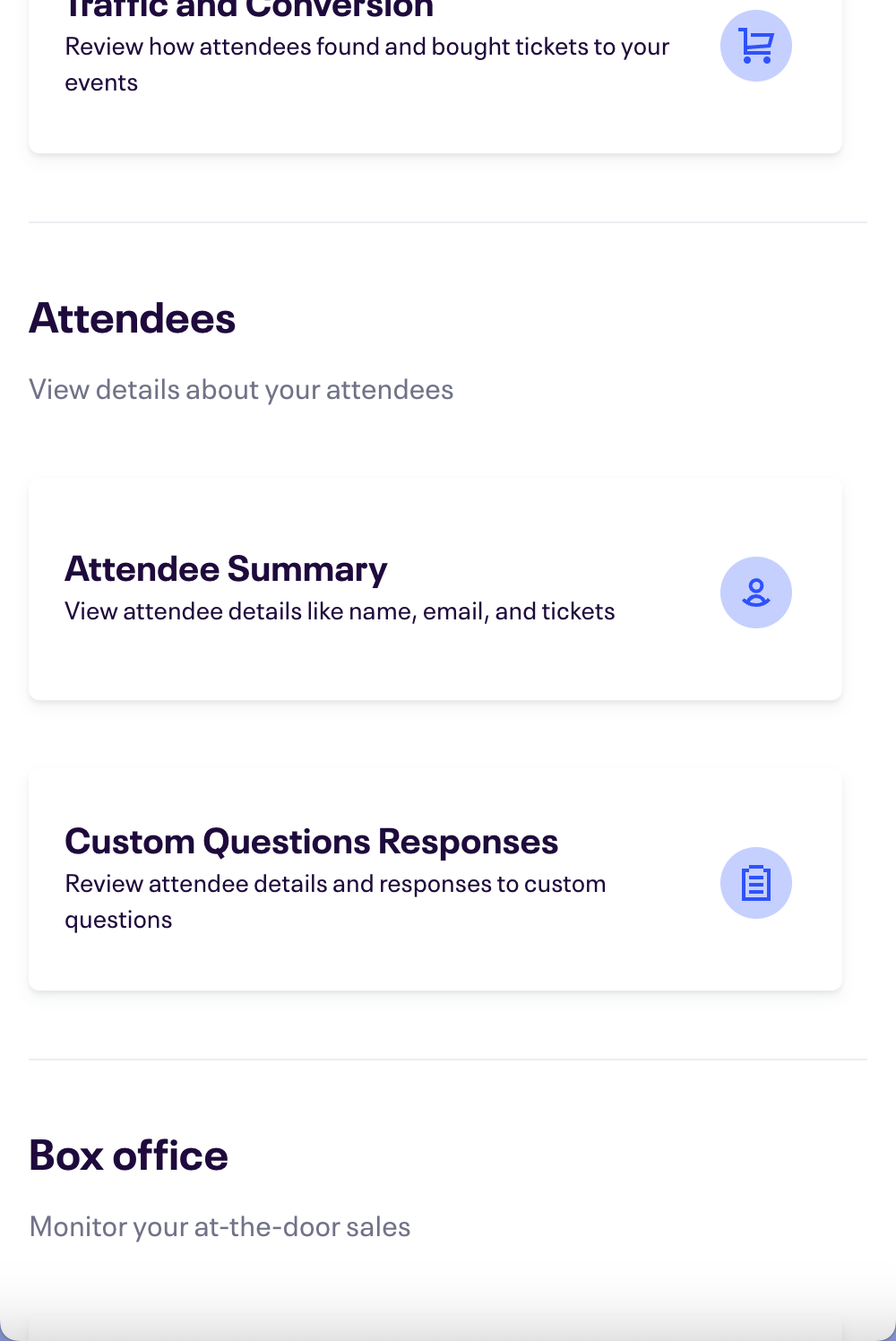 A screenshot of a website showing attendees , attendee summary , custom questions responses , and box office.