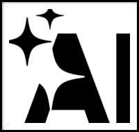 A black and white logo with the letter a and two stars.