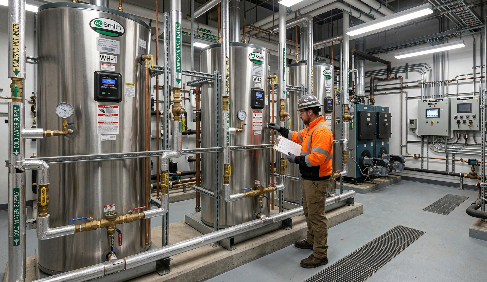 A person wearing white gloves adjusts a manifold on a complex system of metallic pipes and valves in a technical room.