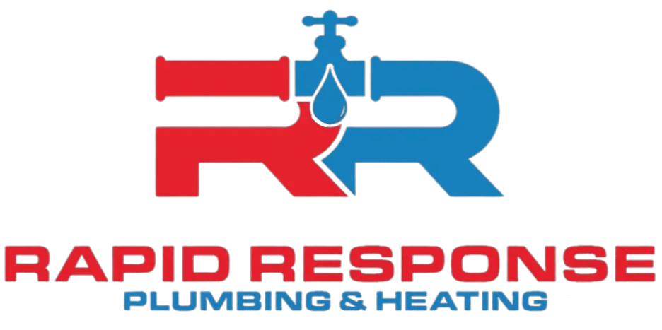 Logo for Rapid Response Plumbing & Heating featuring a stylized red and blue 'RR' incorporating a water faucet and drop.