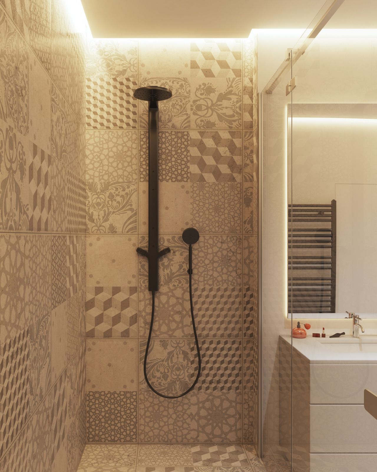 A modern bathroom shower featuring patterned beige tile walls, a matte black shower system, and a glass partition.