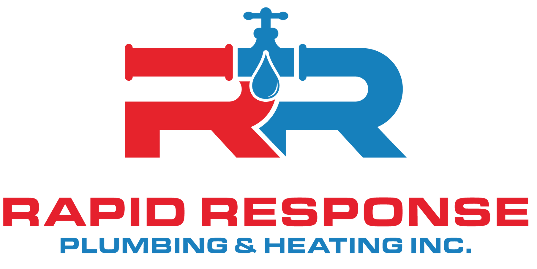 Logo for Rapid Response Plumbing & Heating featuring red and blue interlocking "R" letters forming a pipe and faucet.