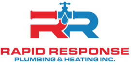 Logo for Rapid Response Plumbing & Heating featuring red and blue interlocking "R" letters forming a pipe and faucet.