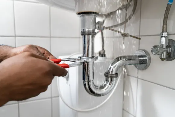 A technician in blue coveralls holds a water filter cartridge inside a clear plastic housing over a bathroom sink.