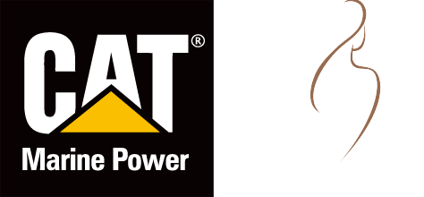 The cat marine power logo is on a black and white background nanni logo in white