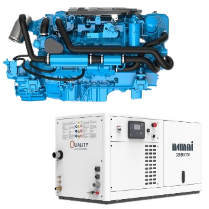 A blue engine next to a white generator that says quality