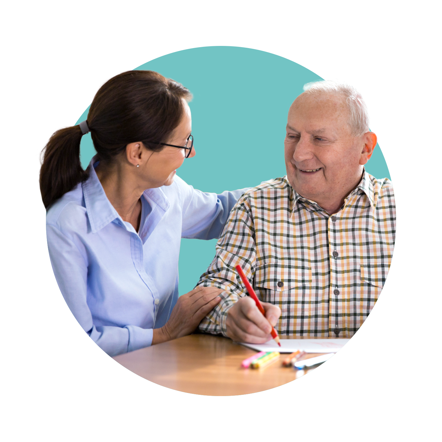 An elderly man is sitting at a table talking with a woman.