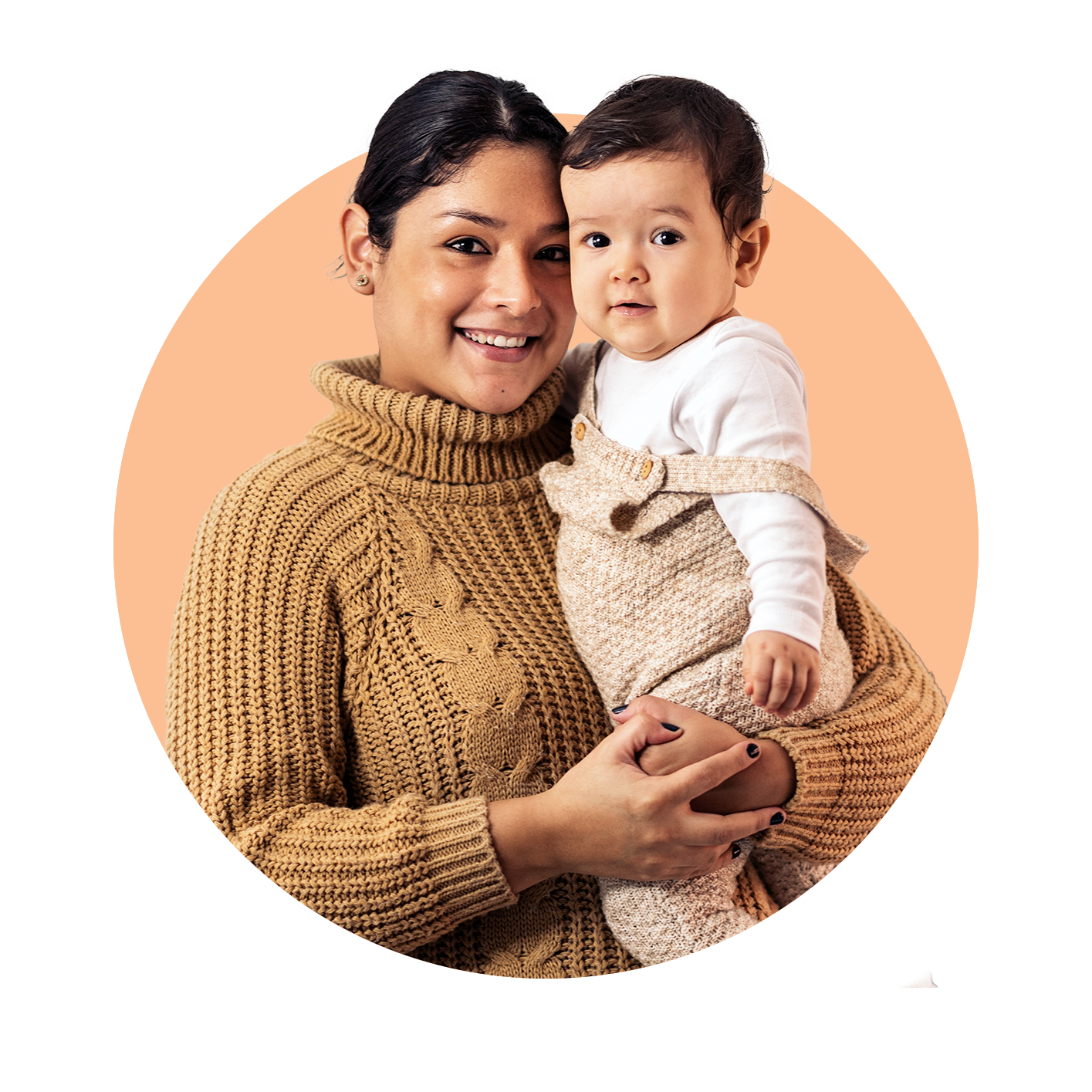 Young mother holding baby and both facing and smiling towards the camera