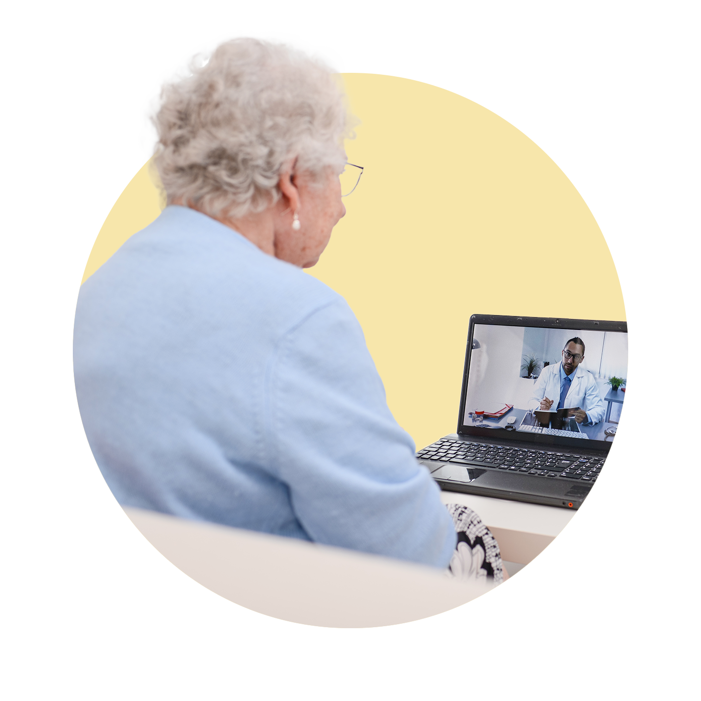 Elderly woman on a telehealth video call