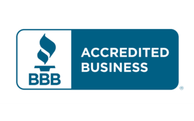 The bbb logo is blue and white and says accredited business