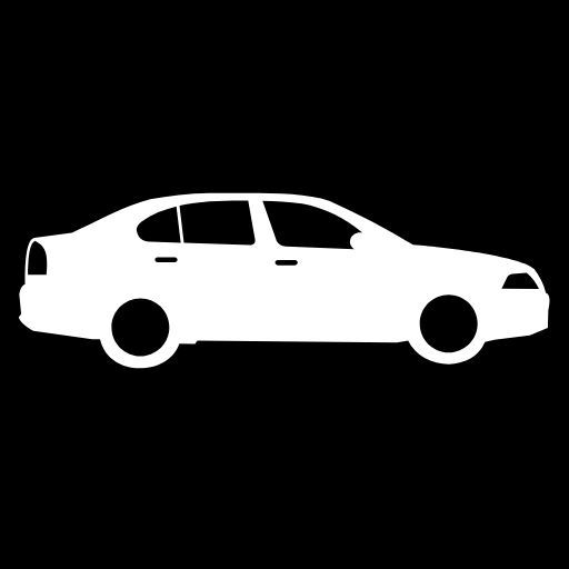 A white car icon with a shadow on a white background.