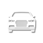 A white car icon with a shadow on a white background.