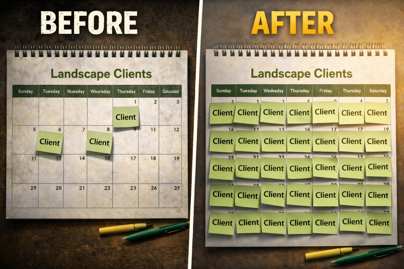 Before and after comparison of a calendar. Before, few client appointments. After, many client appointments.