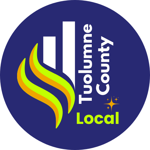 Tuolumne County Local logo: Blue circle with white bars, flame, and text, with a gold star.