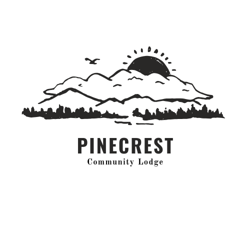 Pinecrest Community Lodge logo: Mountains, sun, trees, and a bird in flight.