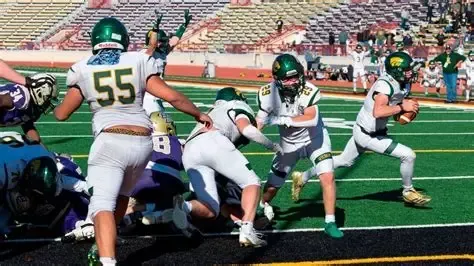 Football players in white and green uniforms on a green field. A player runs with the ball. Other players are tackling.