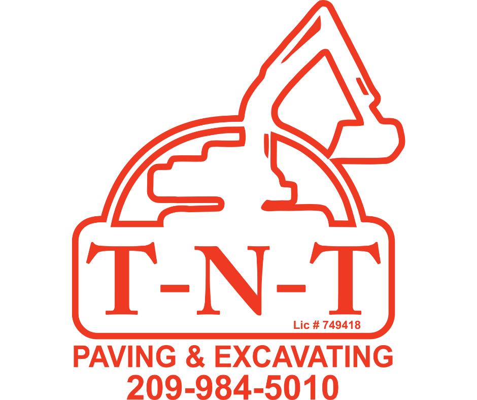 Logo for T-N-T Paving & Excavating with red excavator silhouette, text 