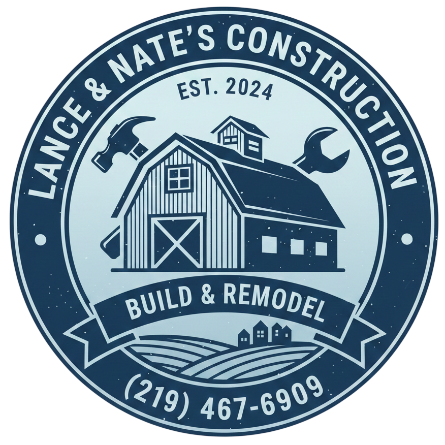 Logo for Lance & Nate's Construction: A barn with tools and contact info. Blue and white colors.