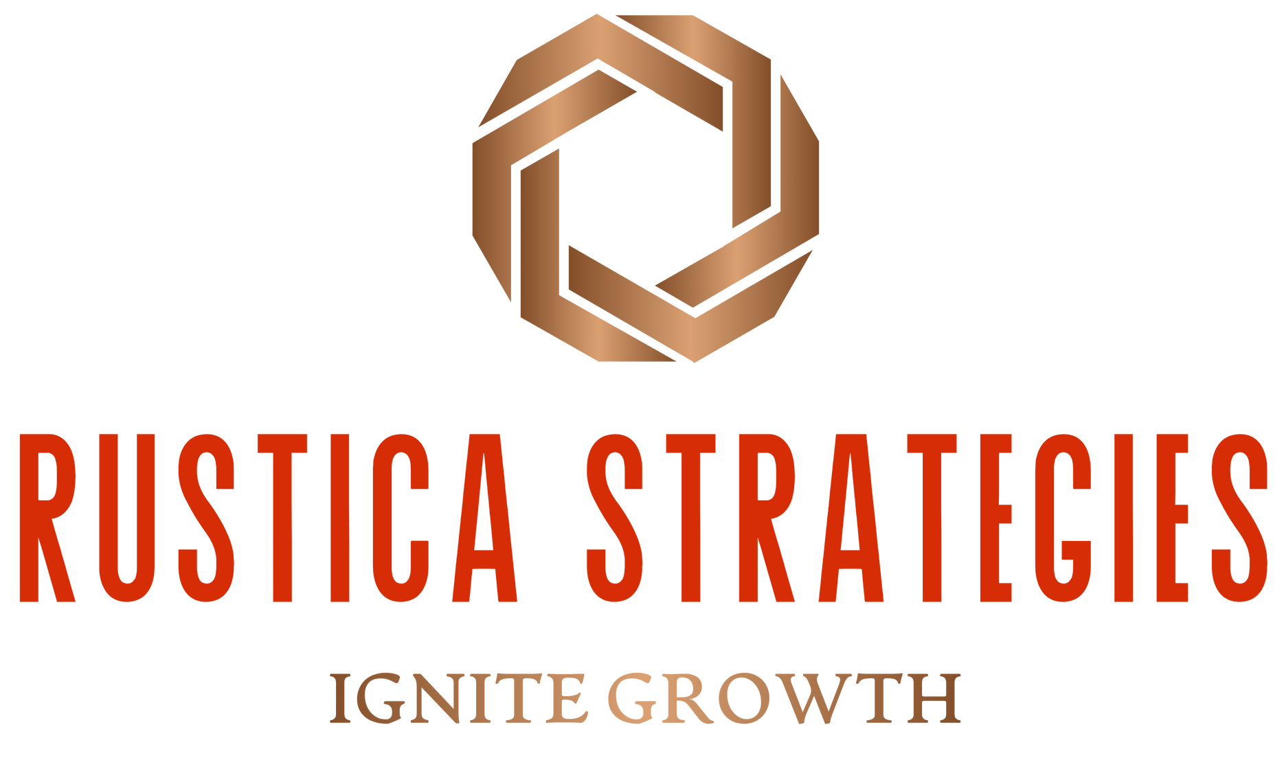 Rustica Strategies logo featuring an orange-brown geometric hexagon icon above the company name and 