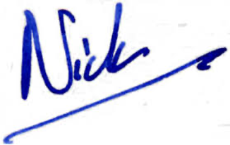 A blue signature with the name nick on it