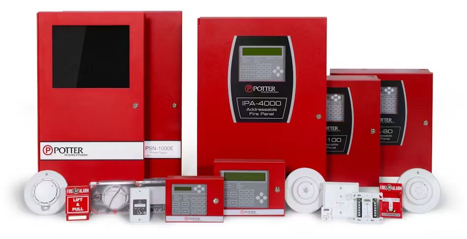 Red fire alarm system components, including control panels and detectors, with the Potter logo.