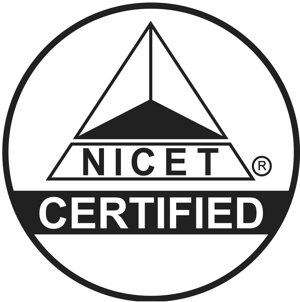 NICET Certified logo: black and white circle with a pyramid and the words 
