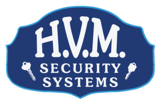 Blue logo for H.V.M. Security Systems, with white text and key illustrations.